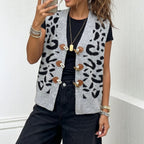 's Cardigan V Neck Horn Button Leopard Print Brocade Sweater Vest Top