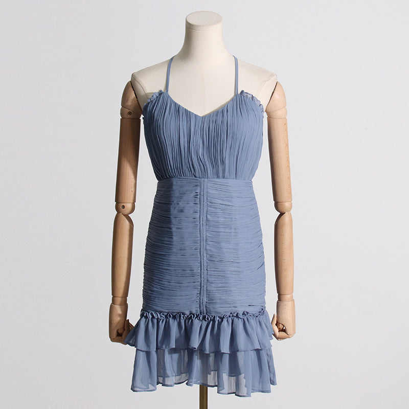 Women's Off The Shoulder Design Halter Cami Dress Spring Cross Tied V Neck Fitted Waist Pleated Dress