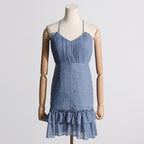 Women's Off The Shoulder Design Halter Cami Dress Spring Cross Tied V Neck Fitted Waist Pleated Dress