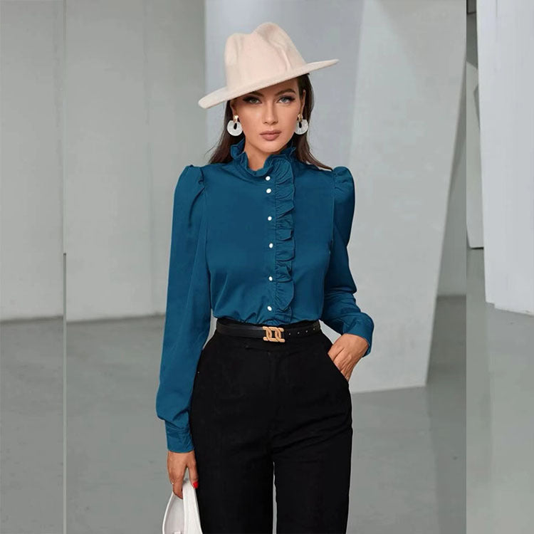 Women's Satin Ruffle Stand-Collar Blouse