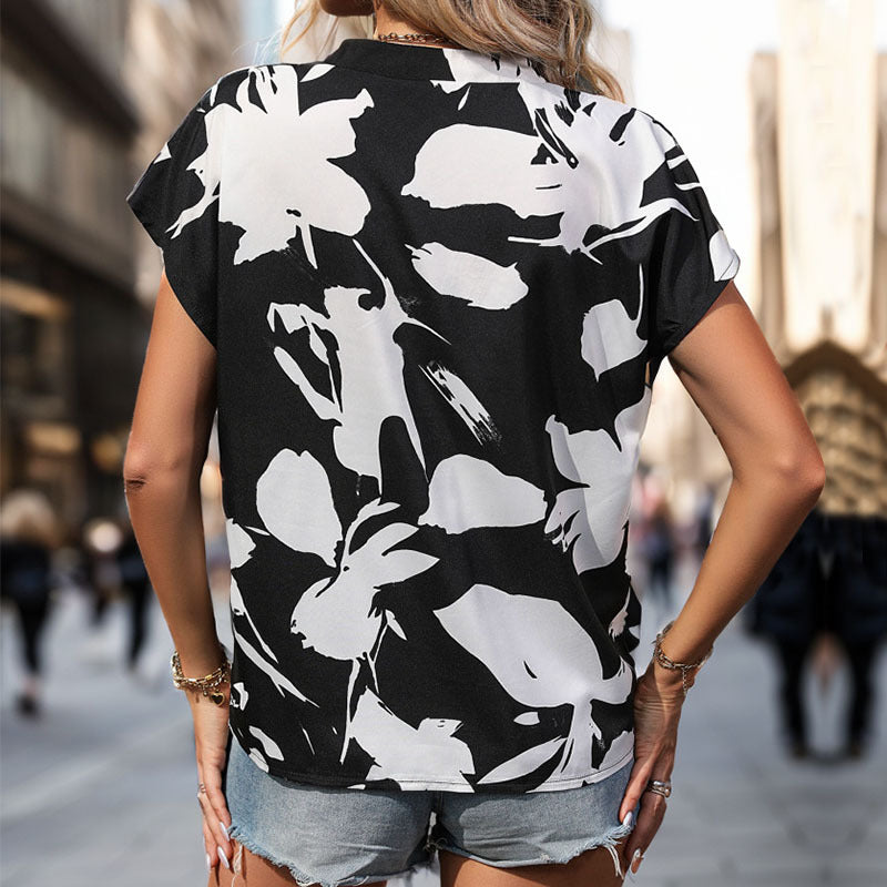 Women's Summer Women Clothing Contrast Color Black White V Neck Shirt For Women