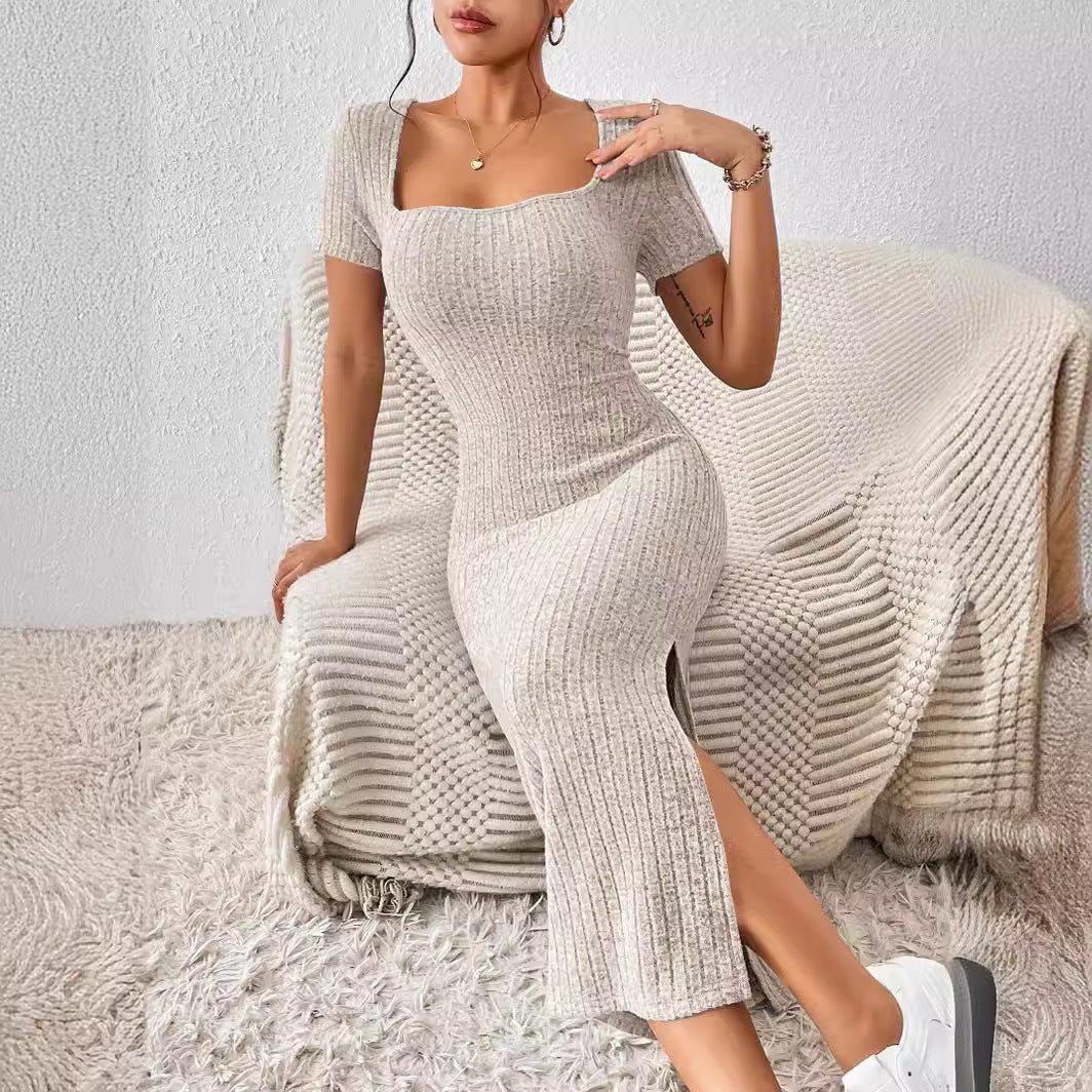 Women's Square-Neck Ribbed Slit Dress