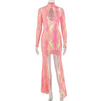 Women's long-sleeve mini dress with pink-red swirl print, sheer flared hem and high slit