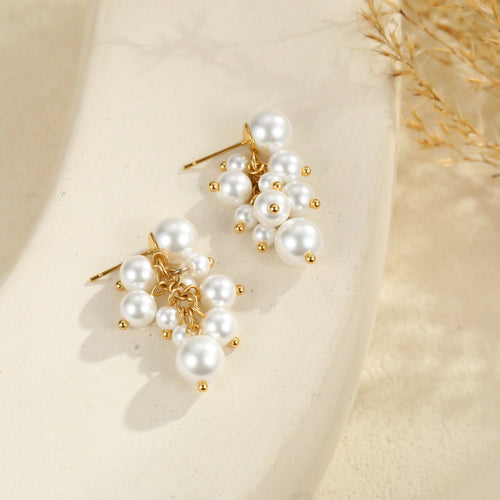 Stainless Steel French Grape Cluster Pearl Earrings Women Special Interest Light Luxury High Grade Earrings