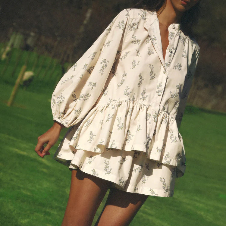 Puff-Sleeve Shirt & Printed Shorts Set