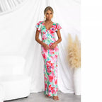 Women's Floral V neck Lotus Leaf Sleeve Mid Length Dress