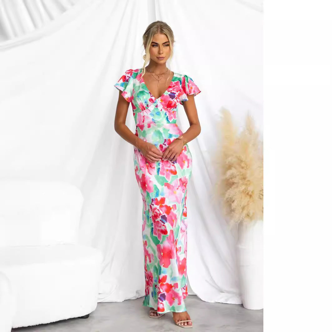 Women's Floral V neck Lotus Leaf Sleeve Mid Length Dress