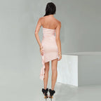 Women's Pink Satin Strapless Asymmetric Dress
