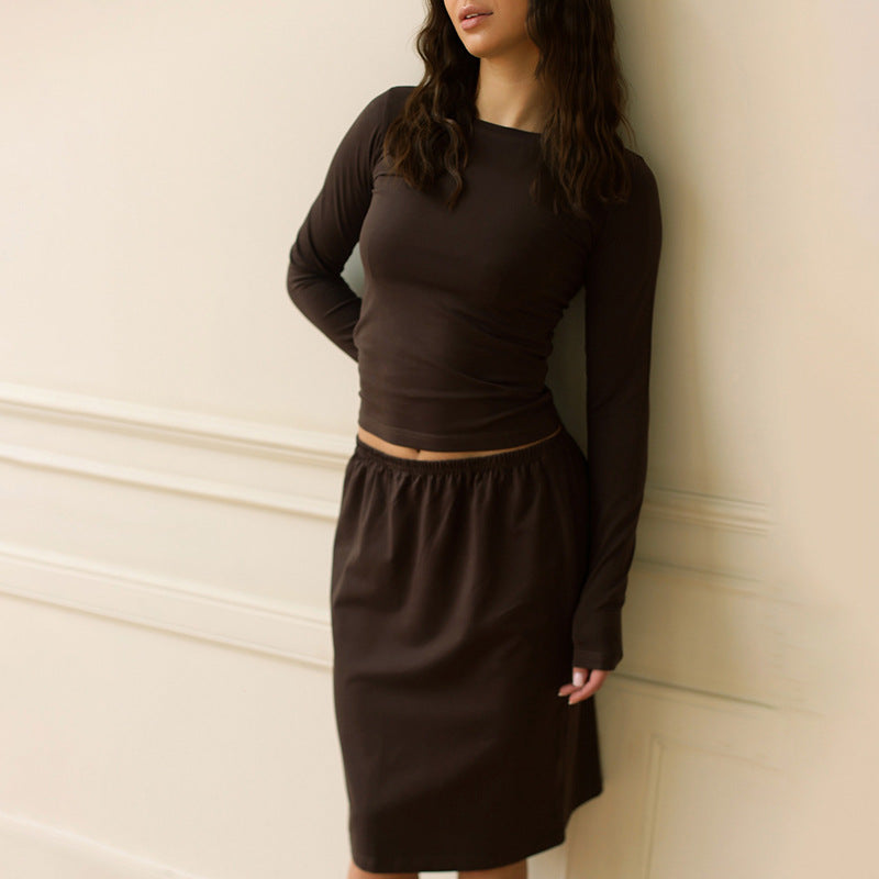Women's Long-Sleeve Pleated Midi Skirt Two-Piece Set