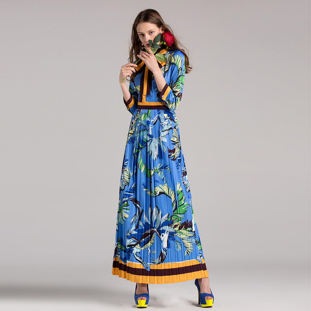 Blue Printed Pleated Swing Dress