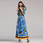 Blue Printed Pleated Swing Dress