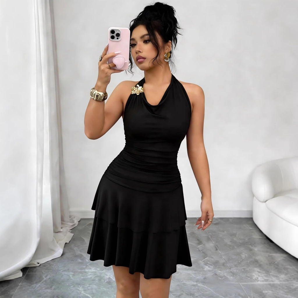 Black Halter Metal-Buckle Sheath Dress