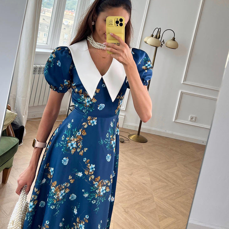 Peter Pan Collar Short Sleeve Dress Blue