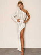 One-Shoulder Belted Split Jersey Bodycon Maxi Dress