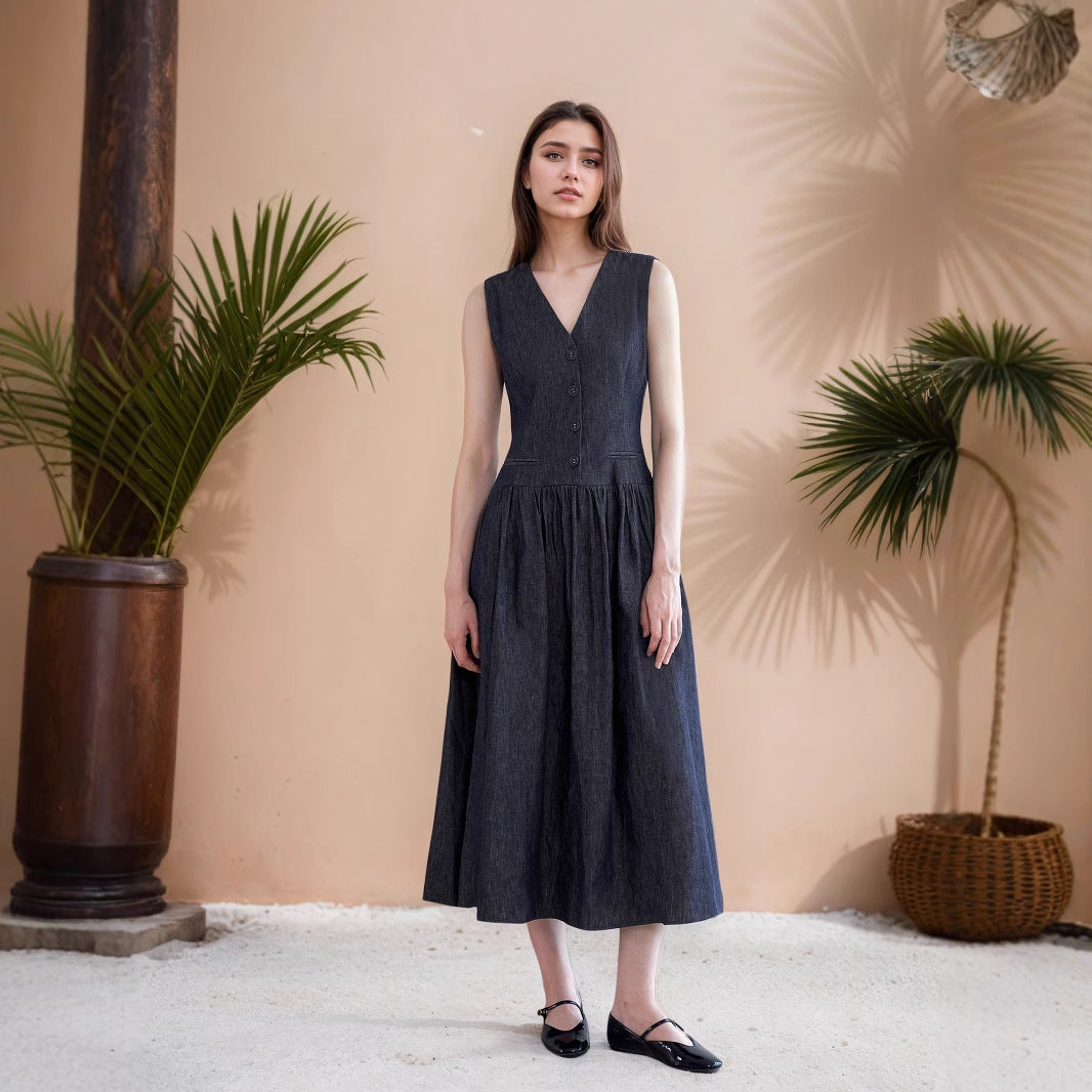 Summer Design V neck Pocket Midi Dress Simple Graceful Casual Loose Sleeveless Dress