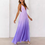 V-Neck Strappy Pleated Lace-Up Large Swing Split Vacation Dress