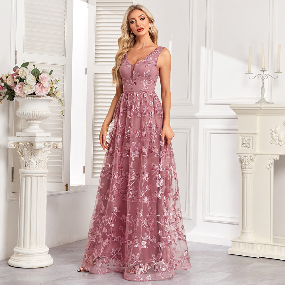 Embroidered V-Neck A-Line Evening Maxi Dress