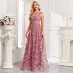 Embroidered V-Neck A-Line Evening Maxi Dress