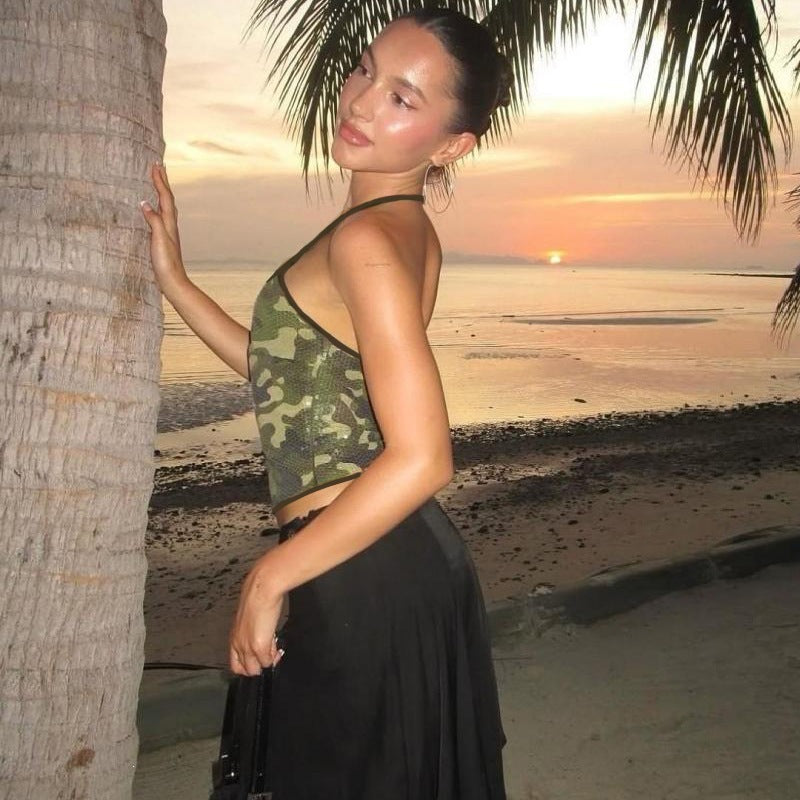 Summer Women Sexy Chic Camouflage Print Sequined Halter