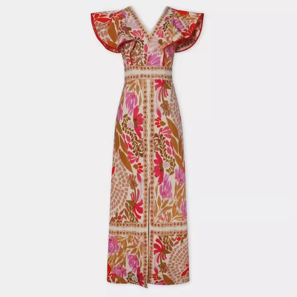 V-Neck Flounce Slit Floral Backless Dress