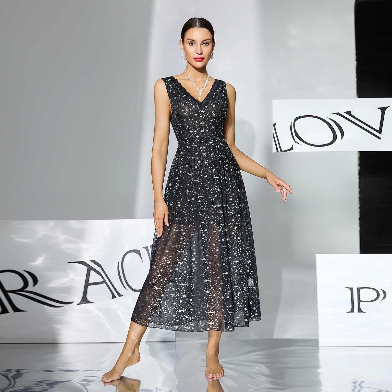 Women's Starry Mesh Deep V Maxi Nightdress