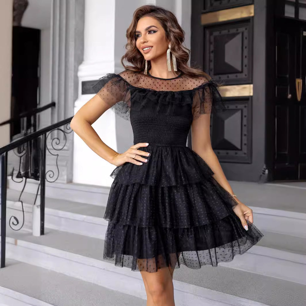 French Entry Lux Dress Spring Summer Mesh Stitching Tiered Dress Ruffled Large Swing