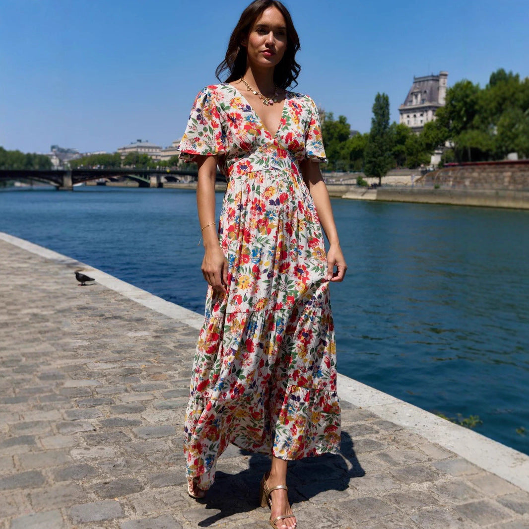 Women's V-Neck Floral Cutout Ruched Short-Sleeve A-Line Maxi Dress