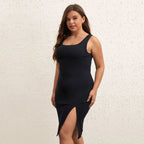Plus Size Summer Slim Fit Slimming Square Collar Sleeveless Split Sheath Sexy Dress