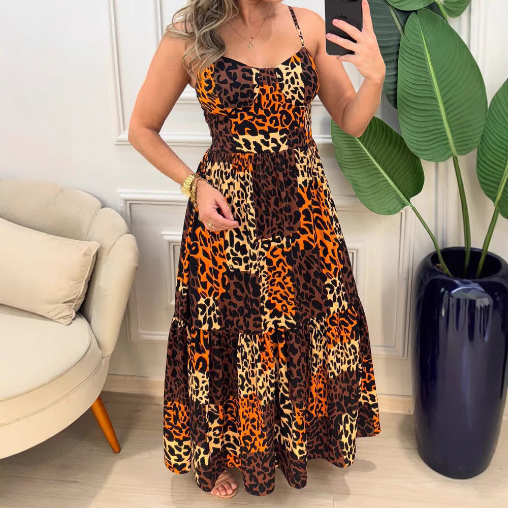 Print Holiday Casual Spaghetti-Strap Sleeveless Leopard Print Dress