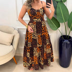 Print Holiday Casual Spaghetti-Strap Sleeveless Leopard Print Dress
