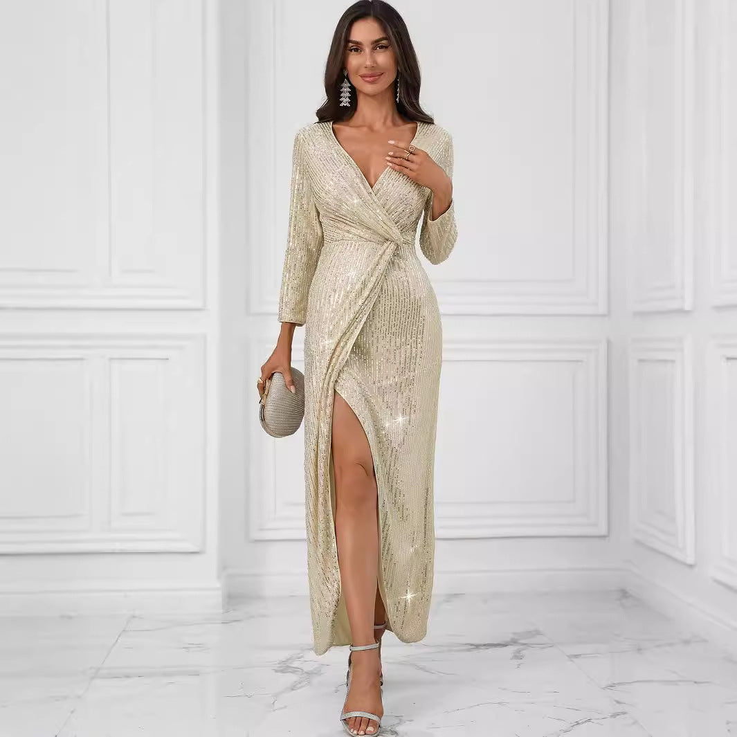 Women's Sequin Long-Sleeve Maxi Evening Dress