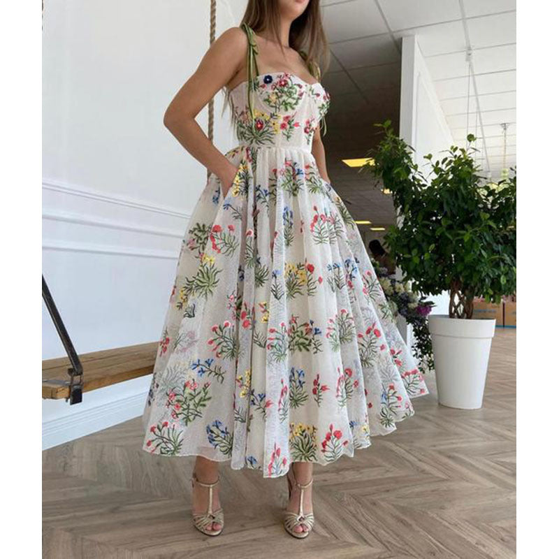 Women's Tight Waist Cross Sling Backless Embroidered Dress