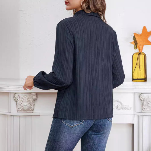 Women's Blue Striped Polo Collar Shirt Women Loose Slimming Casual Shirt Autumn Top