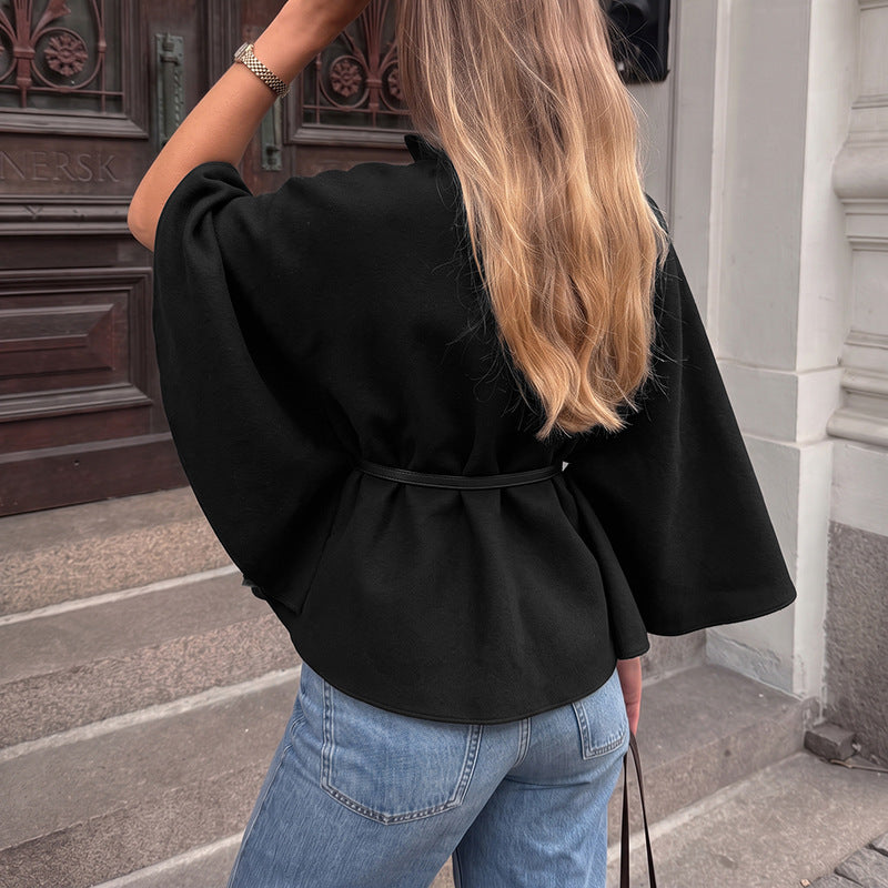 Black Stand-Up Collar Wool Cape Coat
