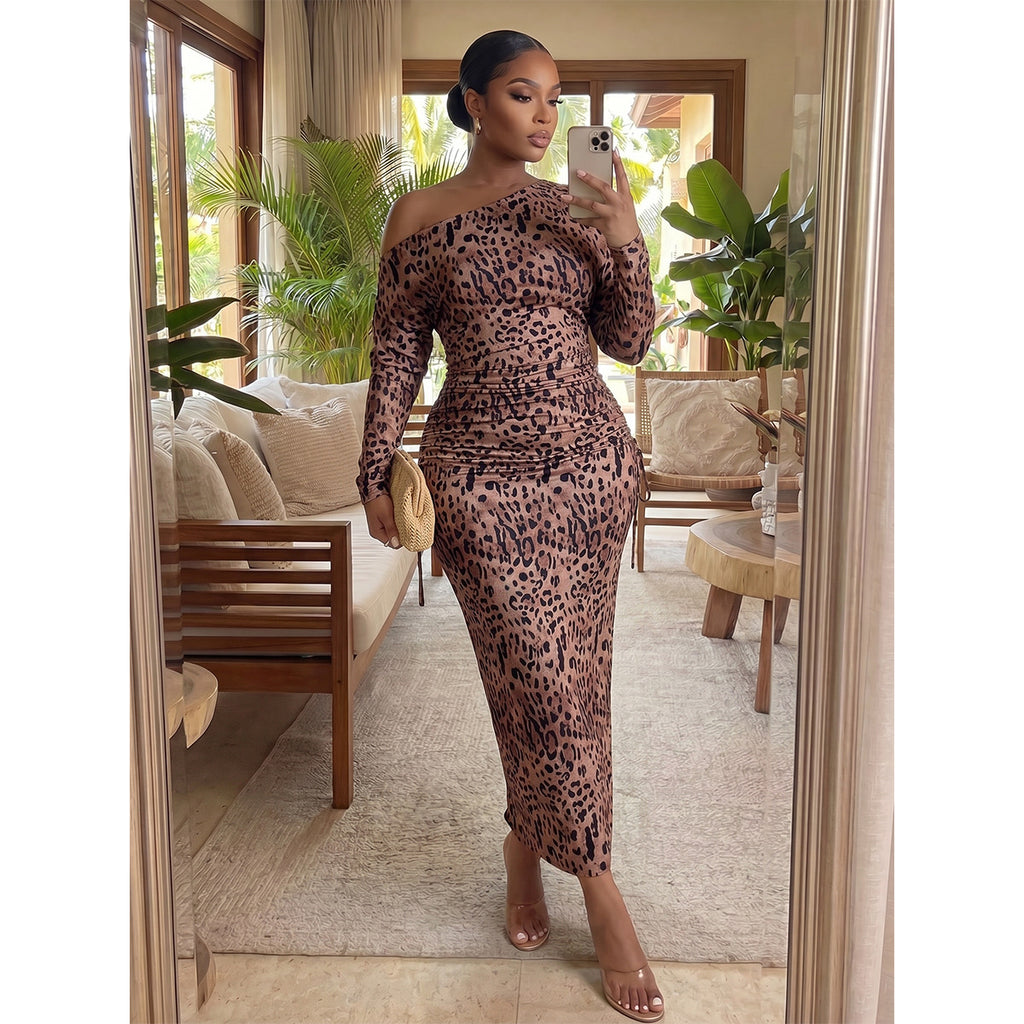 Women's Plus-Size Leopard Print One-Shoulder Maxi Dress