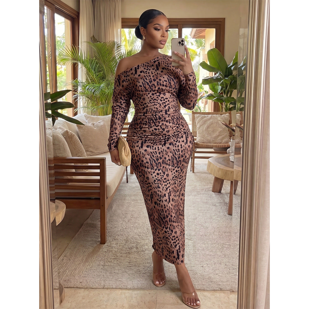 Women's Plus-Size Leopard Print One-Shoulder Maxi Dress