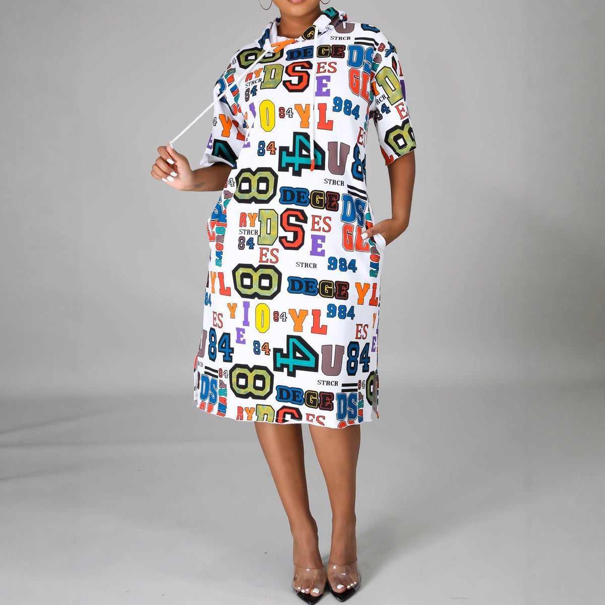 Loose Letter Graphic Print Hooded Dress
