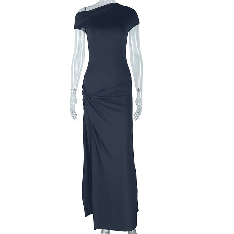 Black short sleeve maxi dress with ruched back and front slit