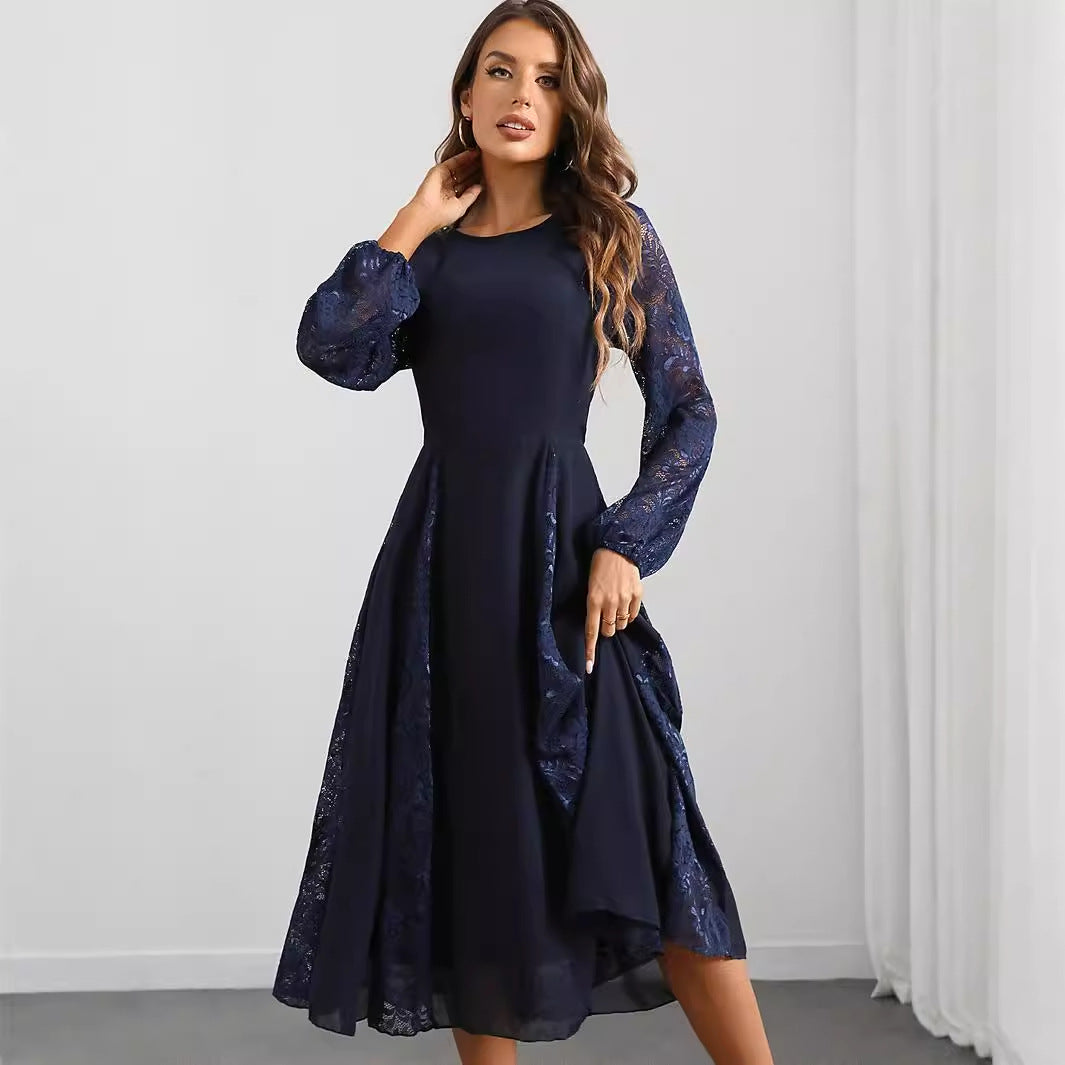 Lace Long-Sleeve Crew-Neck A-Line Midi Dress
