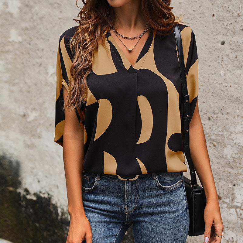 Women's Summer Women Clothing Short Sleeve Pullover V Neck Printed Shirt