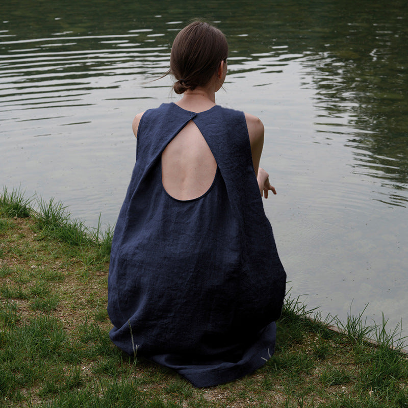 Cotton Linen Sleeveless Backless Maxi Dress