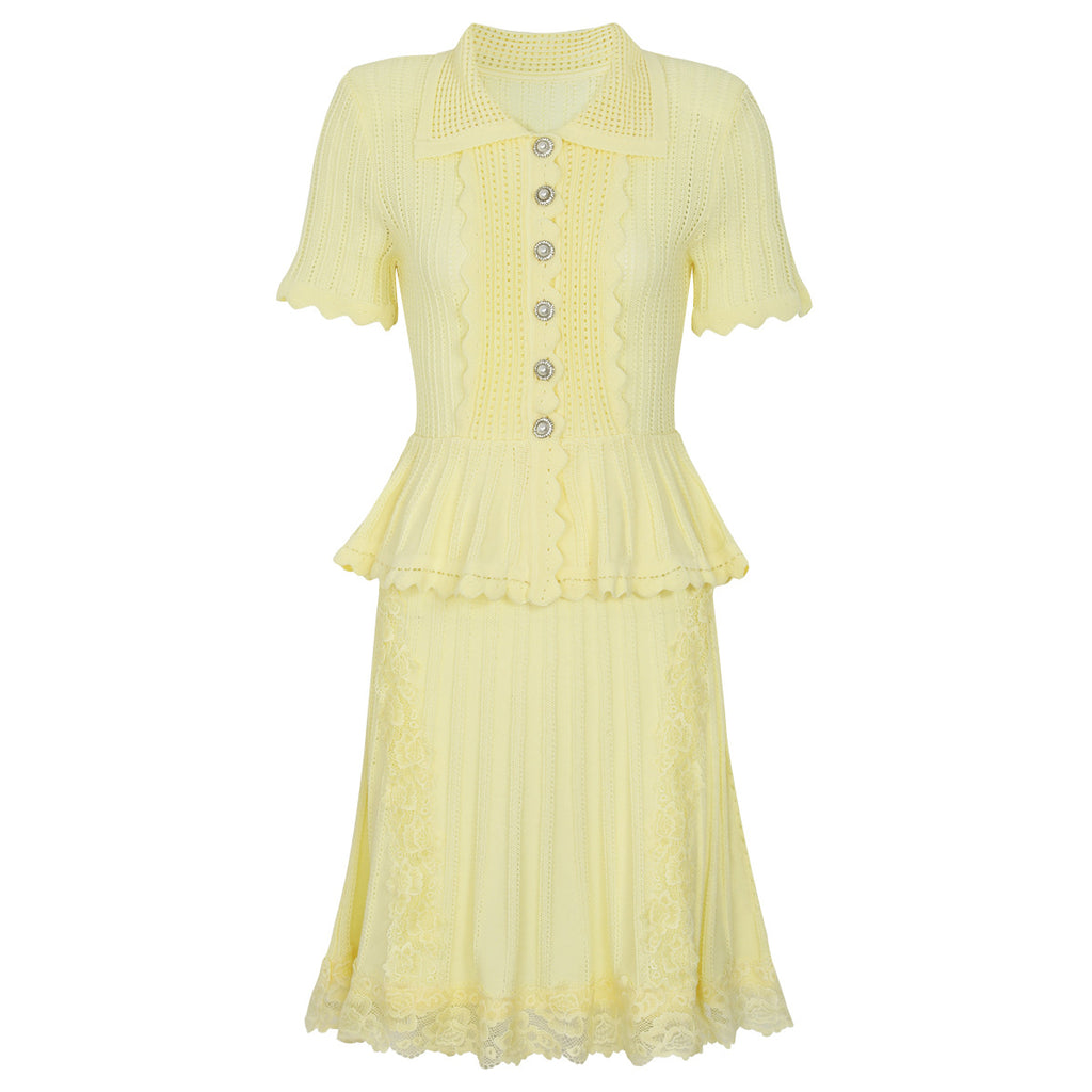 Yellow short sleeve dress with button placket, ruffled peplum, tiered lace skirt
