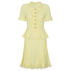 Yellow short sleeve dress with button placket, ruffled peplum, tiered lace skirt