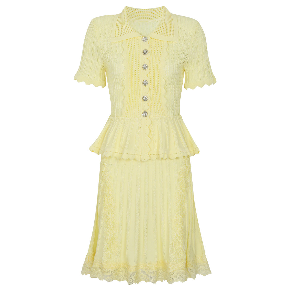 Yellow short sleeve dress with button placket, ruffled peplum, tiered lace skirt