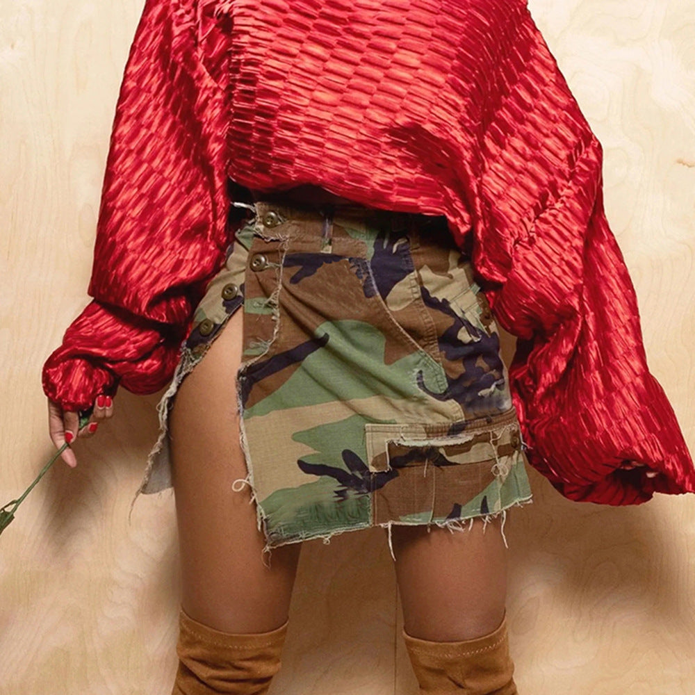 Summer Full Open Camouflage Wrapped Skirt