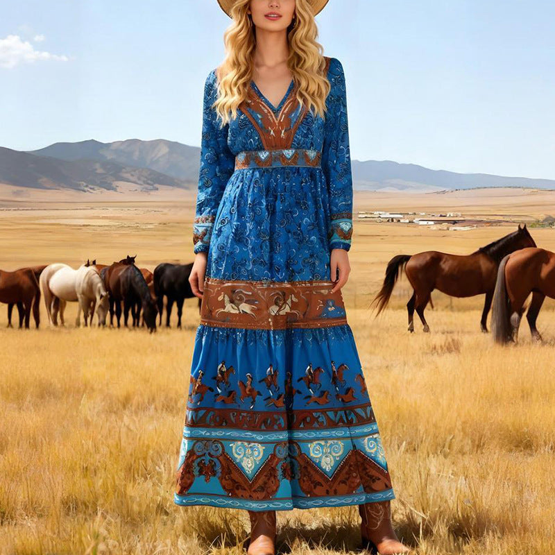 Printed Bohemian Long Sleeve Long Dress