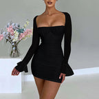 Women's Sheer Long Sleeve Backless Bodycon Dress