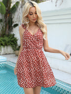 Women's Suspender Printed Ruffled Stacked V Neck Dress
