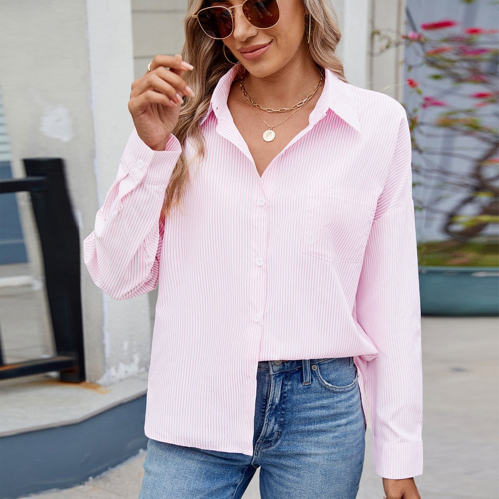 Women's Loose One Breasted Long Sleeve Striped Shirt