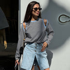 Striped Contrast Color Off-Shoulder Long Sleeve Casual Fall Top